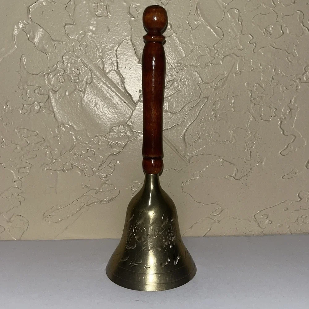 Vintage Brass School Bell Etched with Wooden  Handle 9